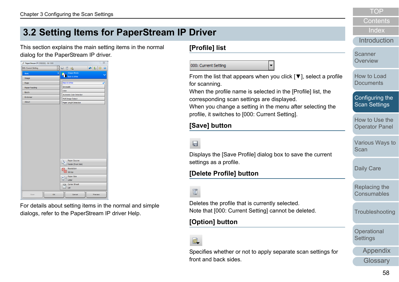2 setting items for paperstream ip driver, Profile] list, Save] button | Delete profile] button, Option] button, Setting items for paperstream ip driver | Fujitsu Ricoh Fujitsu fi-7280 Color Duplex Document Scanner User Manual | Page 58 / 229