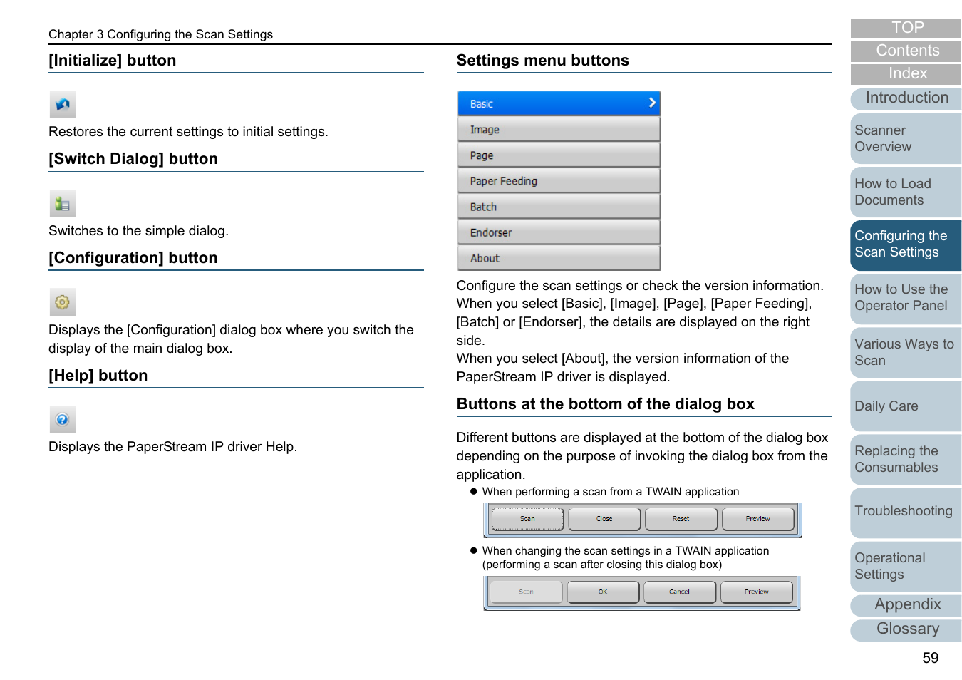 Initialize] button, Switch dialog] button, Configuration] button | Help] button, Settings menu buttons, Buttons at the bottom of the dialog box, Initialize] button [switch dialog] button | Fujitsu Ricoh Fujitsu fi-7280 Color Duplex Document Scanner User Manual | Page 59 / 229