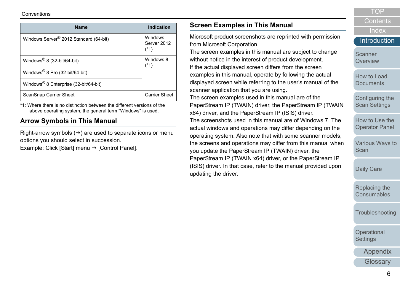 Appendix glossary introduction index contents top, Arrow symbols in this manual, Screen examples in this manual | Fujitsu Ricoh Fujitsu fi-7280 Color Duplex Document Scanner User Manual | Page 6 / 229