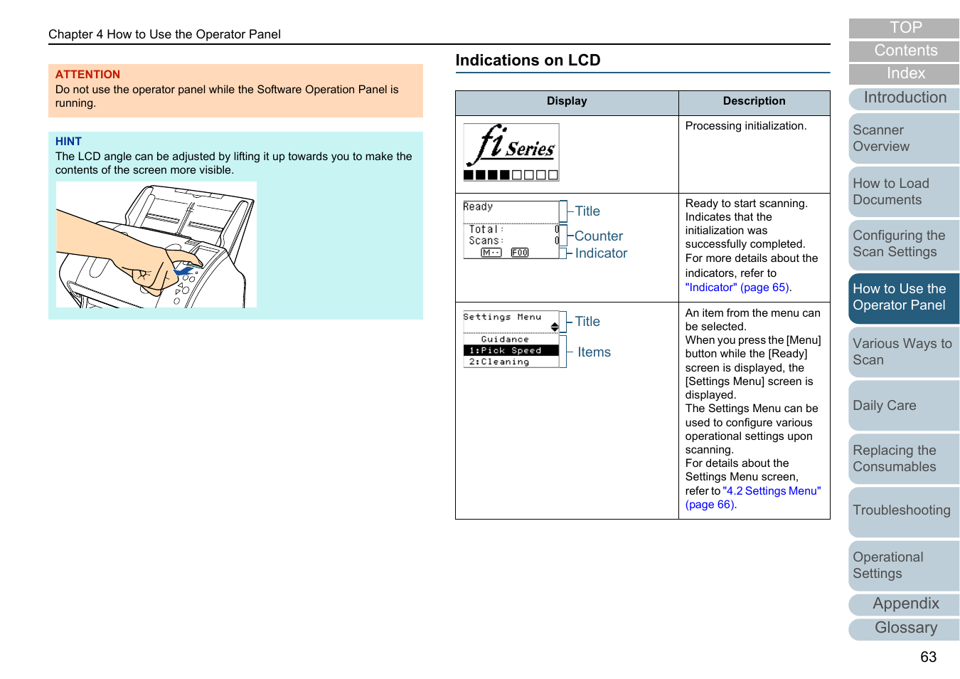 Indications on lcd, Appendix glossary introduction index contents top | Fujitsu Ricoh Fujitsu fi-7280 Color Duplex Document Scanner User Manual | Page 63 / 229