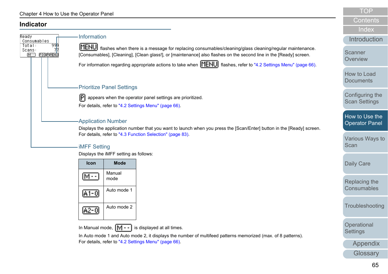 Indicator, Appendix glossary introduction index contents top | Fujitsu Ricoh Fujitsu fi-7280 Color Duplex Document Scanner User Manual | Page 65 / 229