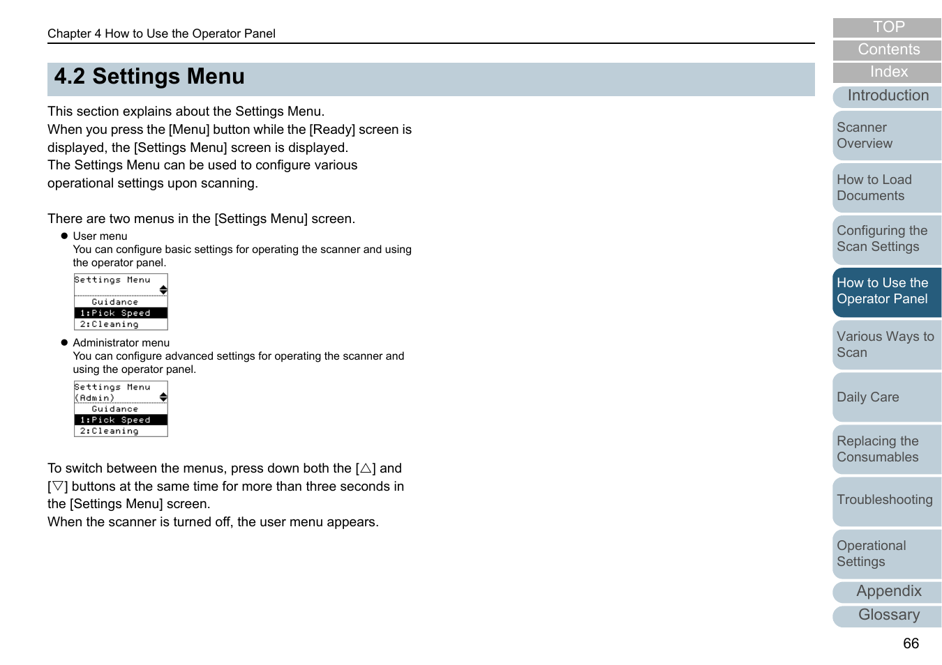 2 settings menu, Settings menu, R to | Fujitsu Ricoh Fujitsu fi-7280 Color Duplex Document Scanner User Manual | Page 66 / 229