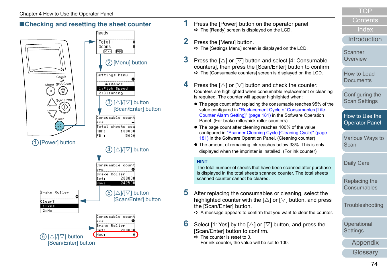 Checking and resetting the, Appendix glossary introduction index contents top, Checking and resetting the sheet counter | Fujitsu Ricoh Fujitsu fi-7280 Color Duplex Document Scanner User Manual | Page 74 / 229