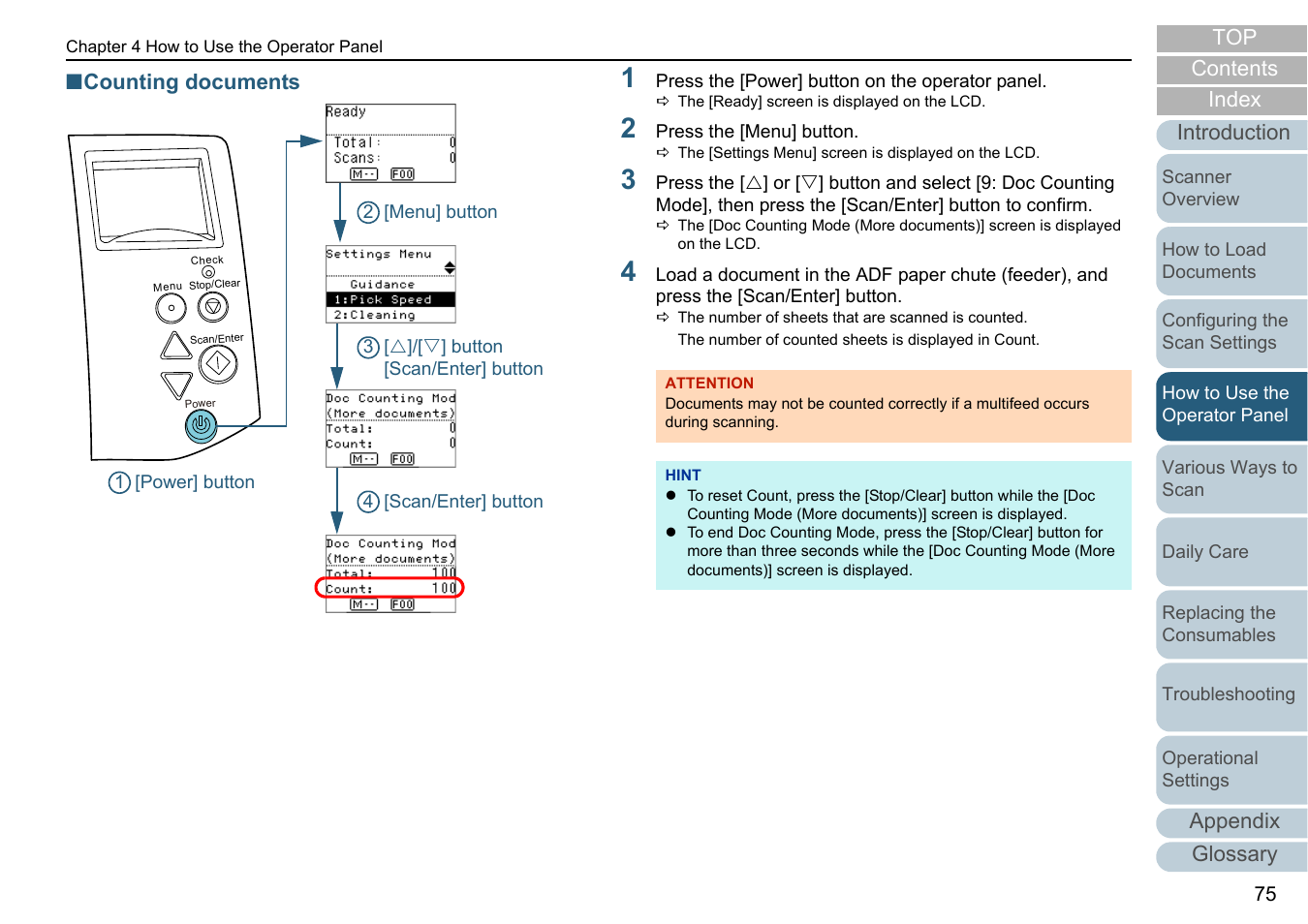 Appendix glossary introduction index contents top, Counting documents | Fujitsu Ricoh Fujitsu fi-7280 Color Duplex Document Scanner User Manual | Page 75 / 229