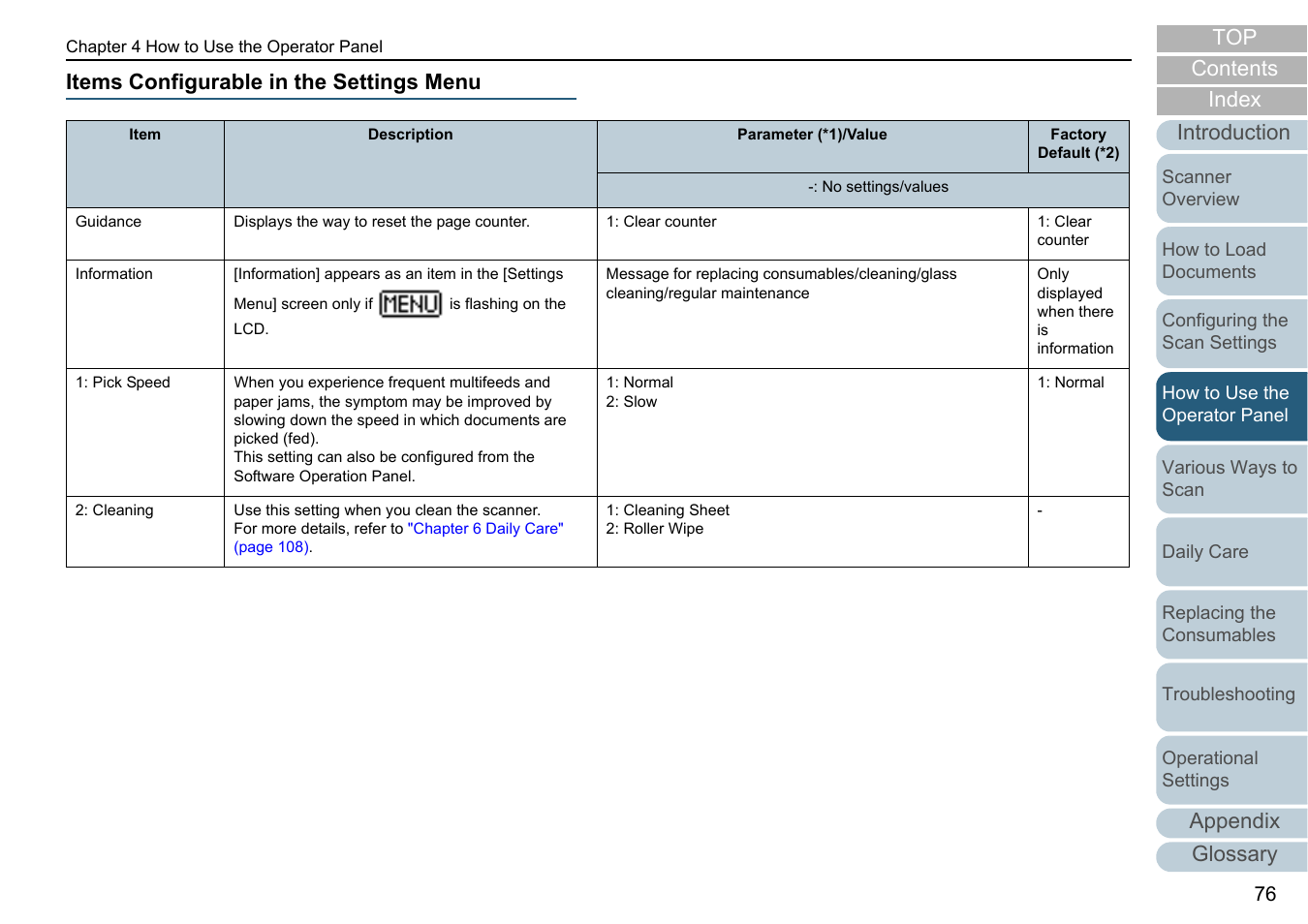 Items configurable in the settings menu, Items configurable, Items | Appendix glossary introduction index contents top | Fujitsu Ricoh Fujitsu fi-7280 Color Duplex Document Scanner User Manual | Page 76 / 229