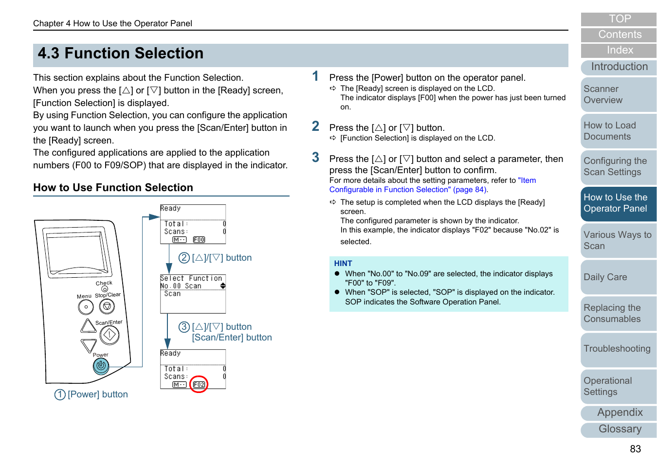 3 function selection, How to use function selection, Function selection | 3 function, Appendix glossary introduction index contents top | Fujitsu Ricoh Fujitsu fi-7280 Color Duplex Document Scanner User Manual | Page 83 / 229