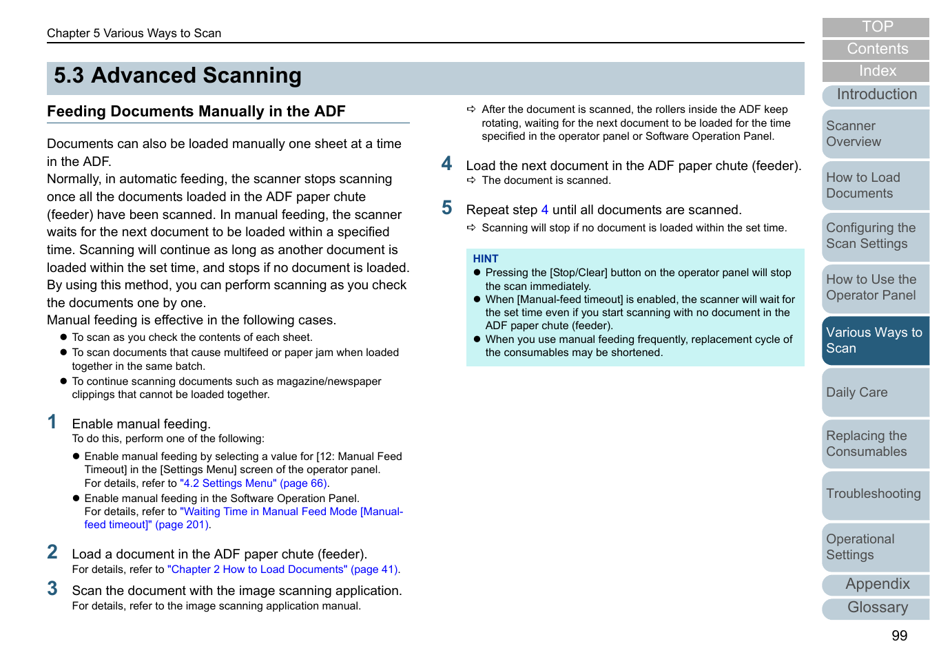3 advanced scanning, Feeding documents manually in the adf, Advanced scanning | Appendix glossary introduction index contents top | Fujitsu Ricoh Fujitsu fi-7280 Color Duplex Document Scanner User Manual | Page 99 / 229