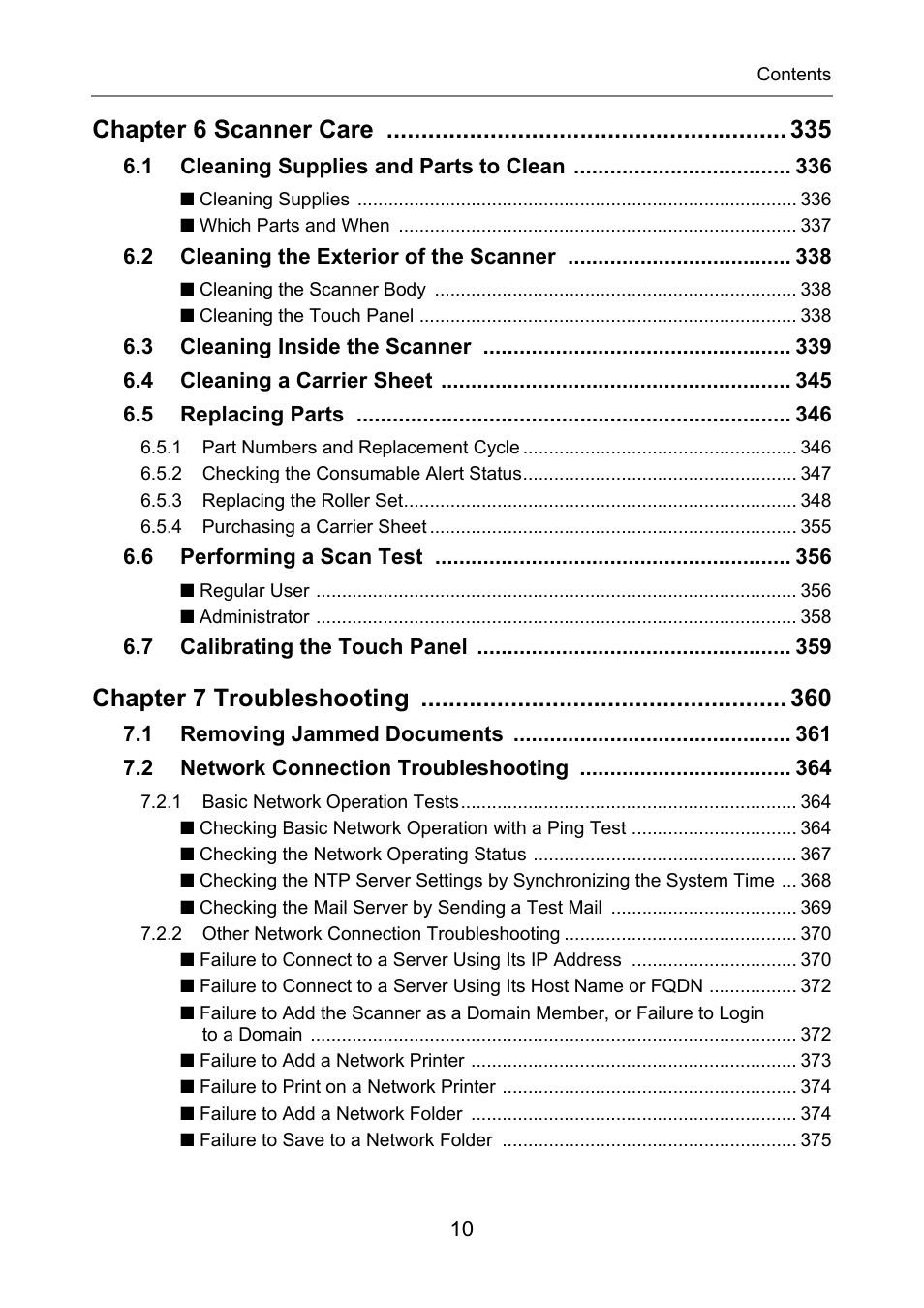 Chapter 6 scanner care, Chapter 7 troubleshooting | Fujitsu Ricoh Fujitsu N7100E Network Image Scanner User Manual | Page 10 / 482