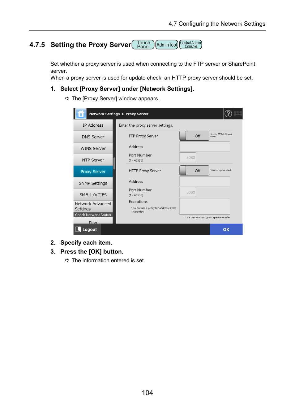 5 setting the proxy server, P.104), Rver | Fujitsu Ricoh Fujitsu N7100E Network Image Scanner User Manual | Page 104 / 482