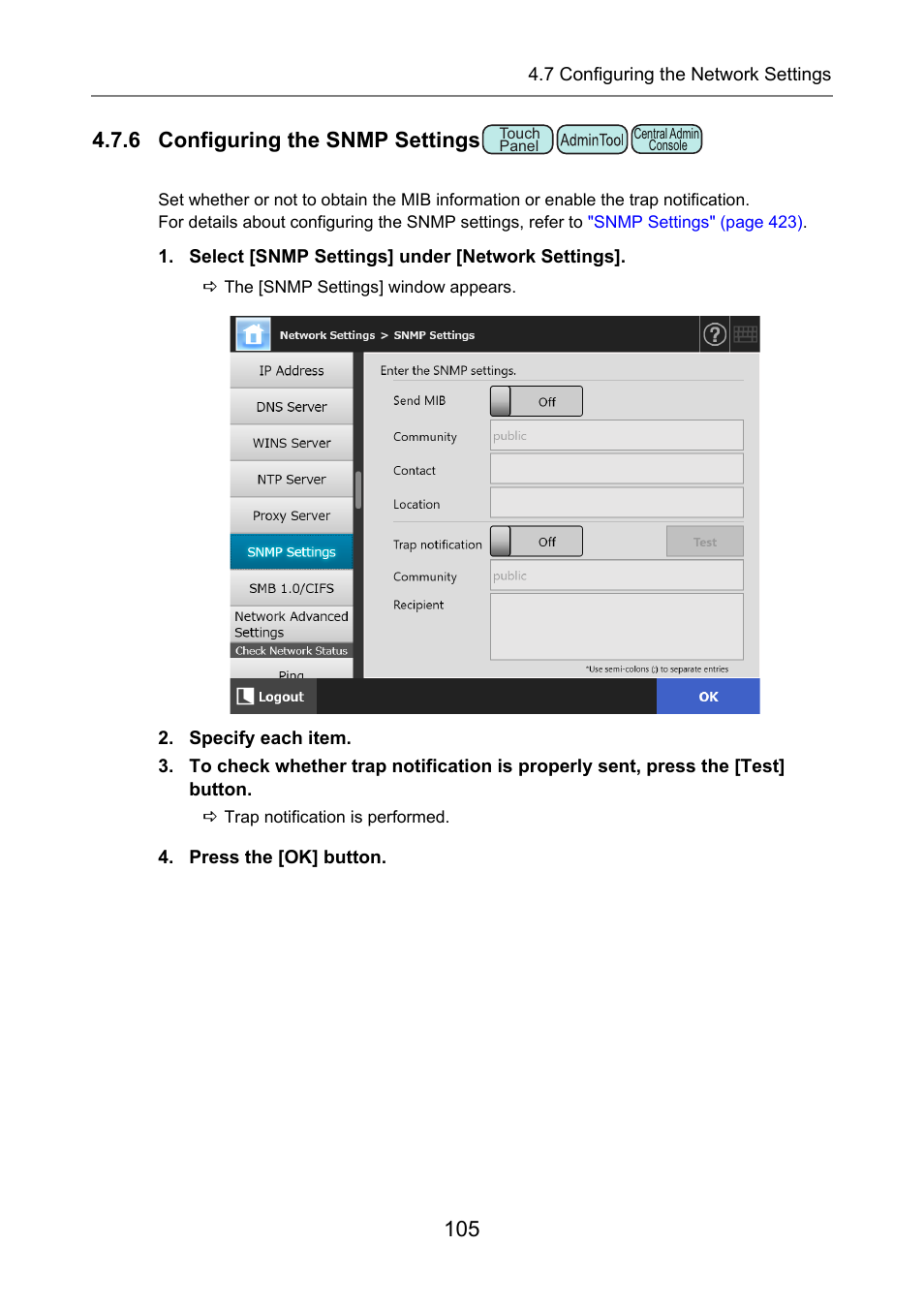 6 configuring the snmp settings, P.105) | Fujitsu Ricoh Fujitsu N7100E Network Image Scanner User Manual | Page 105 / 482