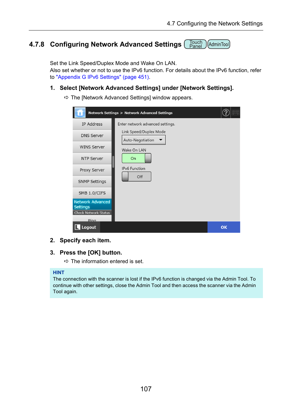 8 configuring network advanced settings, P.107), Settings | Fujitsu Ricoh Fujitsu N7100E Network Image Scanner User Manual | Page 107 / 482