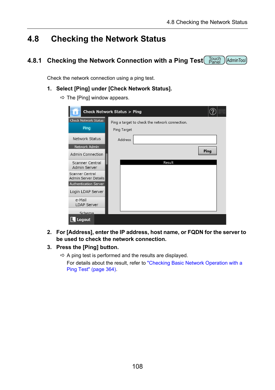 8 checking the network status, 1 checking the network connection with a ping test, Checking the network status | P.108), Ping | Fujitsu Ricoh Fujitsu N7100E Network Image Scanner User Manual | Page 108 / 482