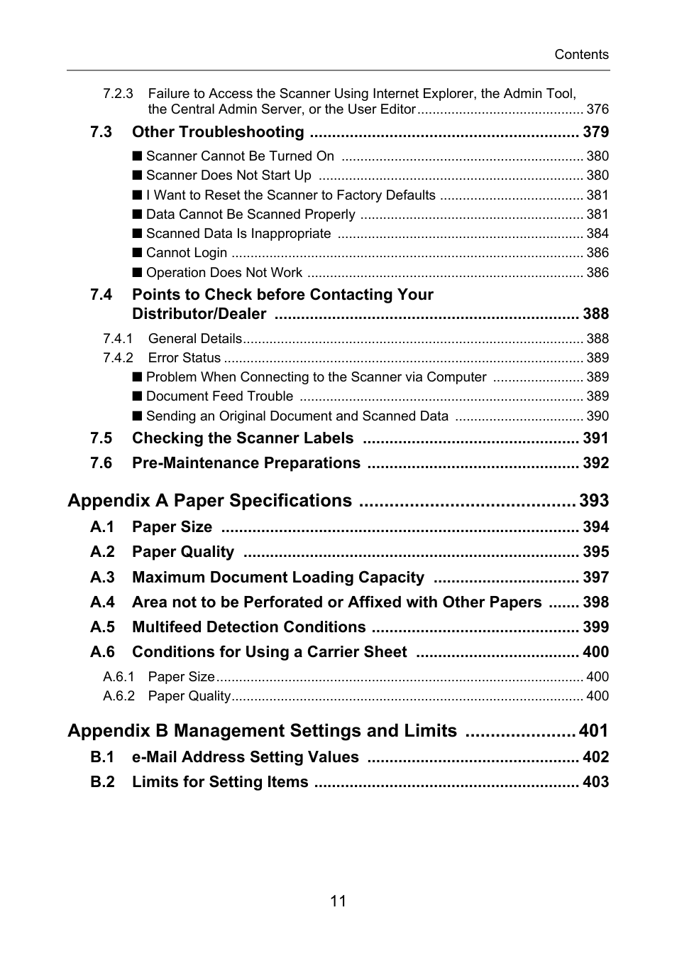 Appendix a paper specifications, Appendix b management settings and limits | Fujitsu Ricoh Fujitsu N7100E Network Image Scanner User Manual | Page 11 / 482