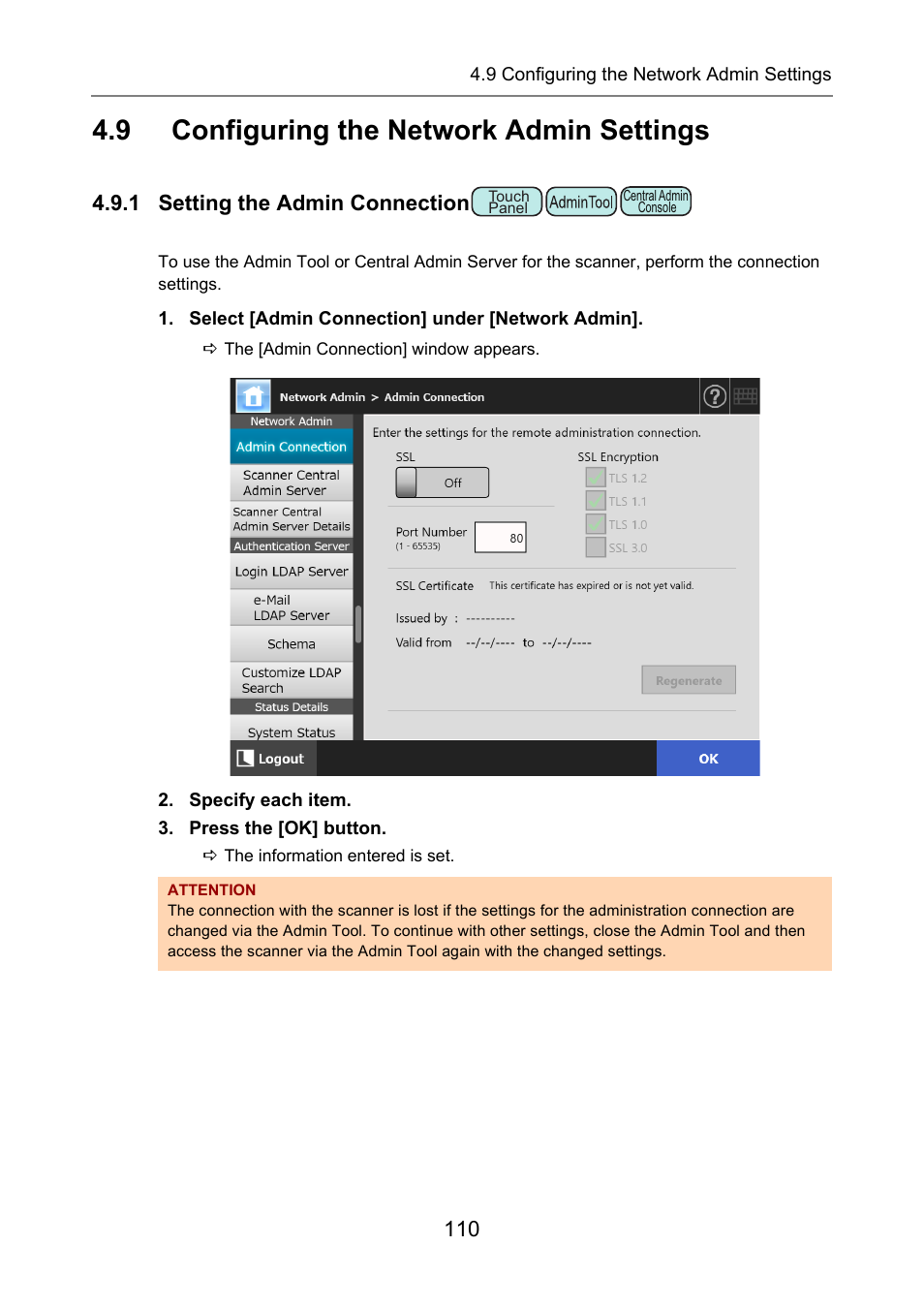 9 configuring the network admin settings, 1 setting the admin connection, Configuring the network admin settings | P.110) | Fujitsu Ricoh Fujitsu N7100E Network Image Scanner User Manual | Page 110 / 482