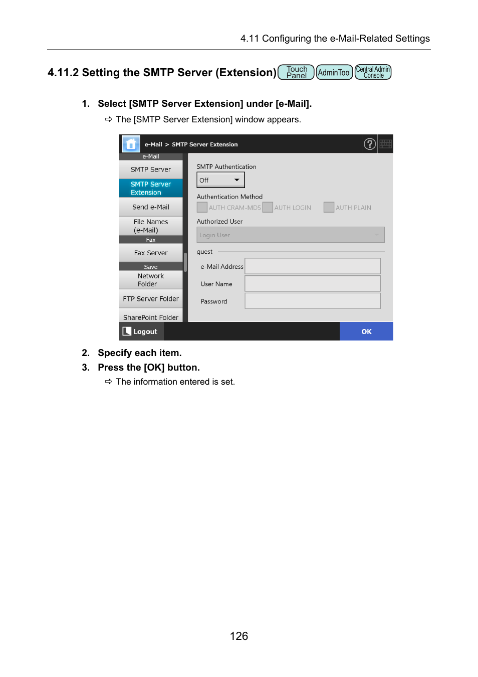 2 setting the smtp server (extension), Smtp server extension, P.126) | Fujitsu Ricoh Fujitsu N7100E Network Image Scanner User Manual | Page 126 / 482