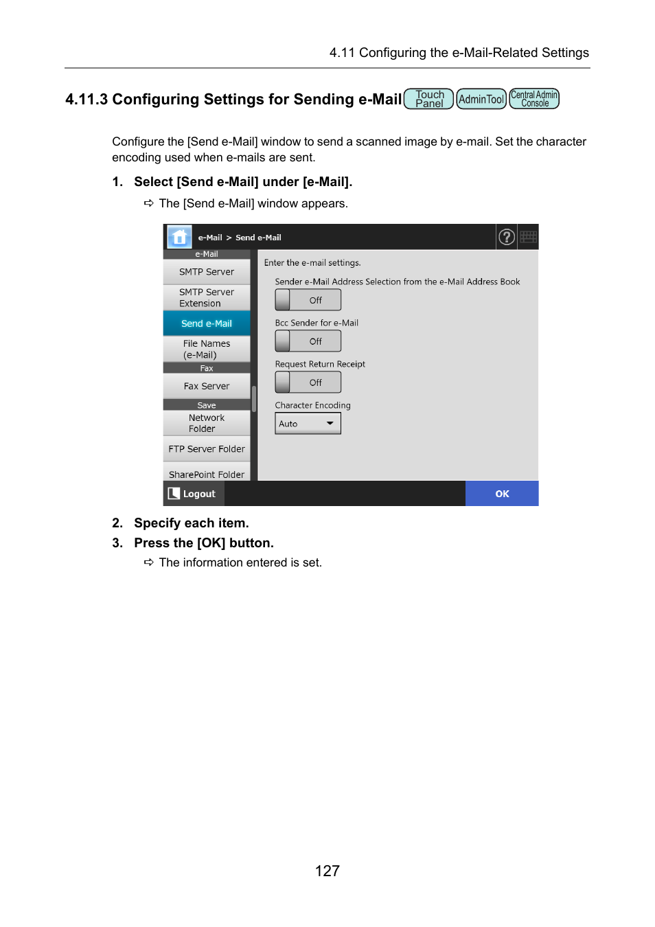 3 configuring settings for sending e-mail, P.127) | Fujitsu Ricoh Fujitsu N7100E Network Image Scanner User Manual | Page 127 / 482
