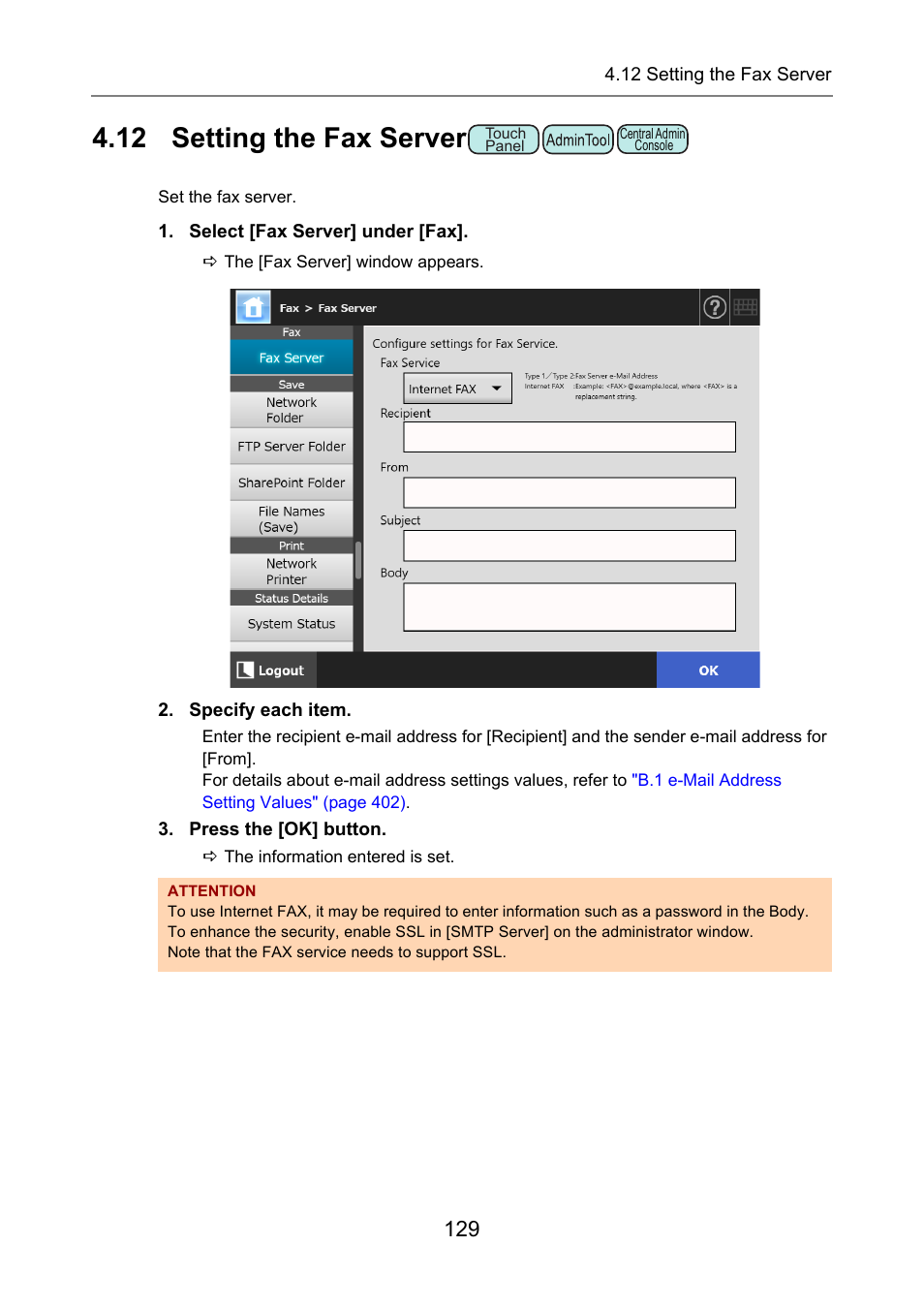 12 setting the fax server, P.129) | Fujitsu Ricoh Fujitsu N7100E Network Image Scanner User Manual | Page 129 / 482