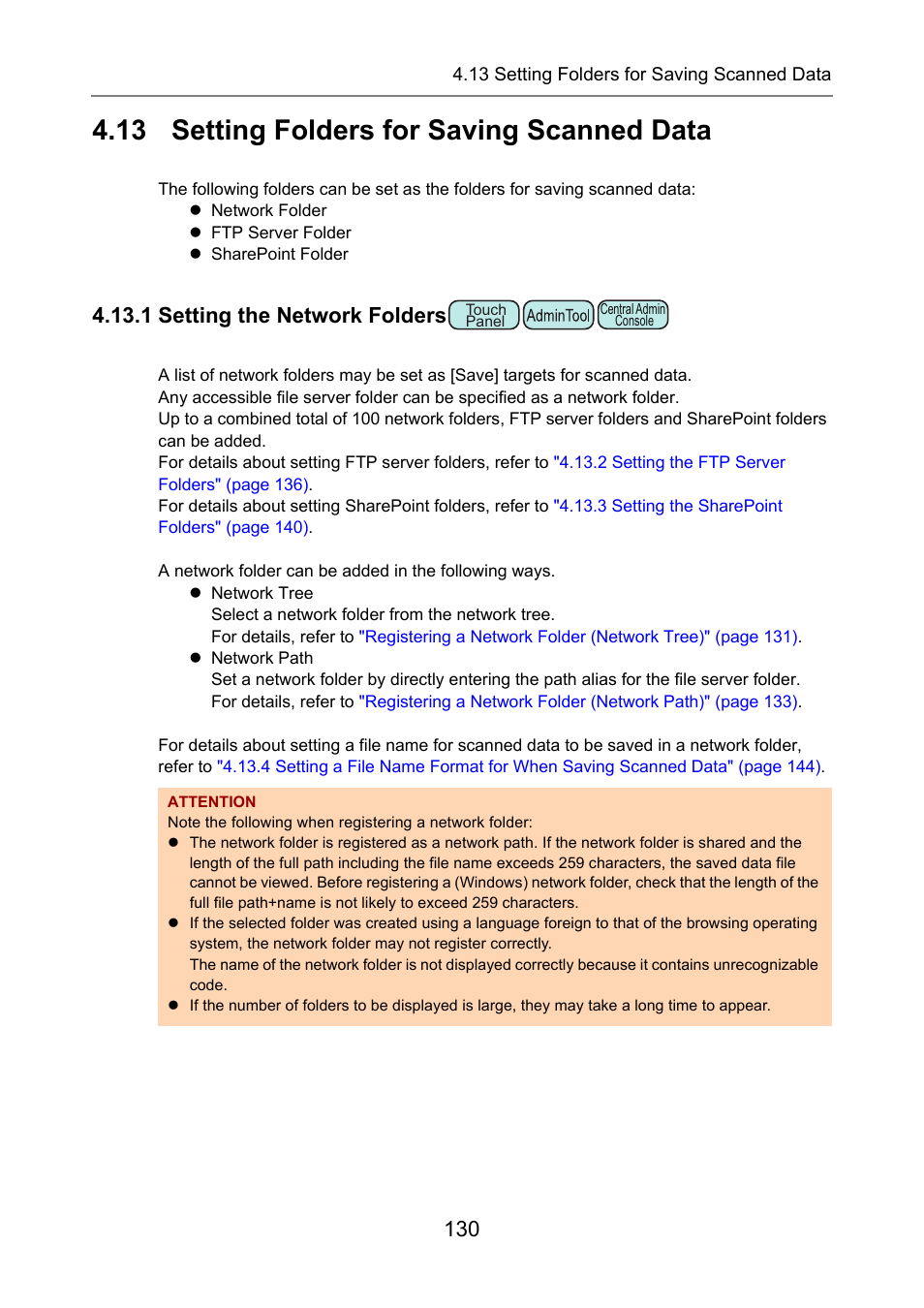 13 setting folders for saving scanned data, 1 setting the network folders, P.130) | Network folder | Fujitsu Ricoh Fujitsu N7100E Network Image Scanner User Manual | Page 130 / 482