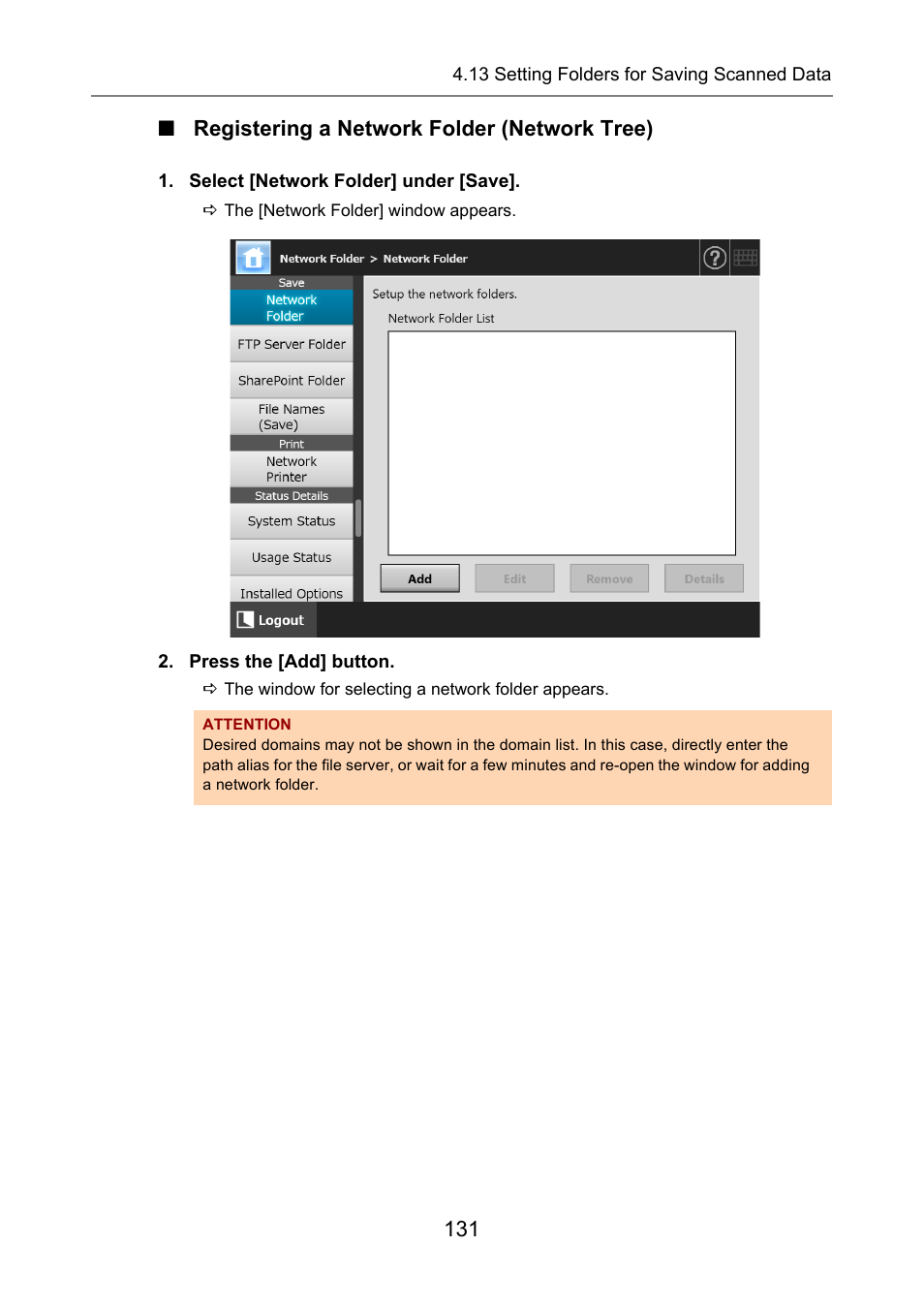 Registering a network folder (network tree), 131 ■ registering a network folder (network tree) | Fujitsu Ricoh Fujitsu N7100E Network Image Scanner User Manual | Page 131 / 482