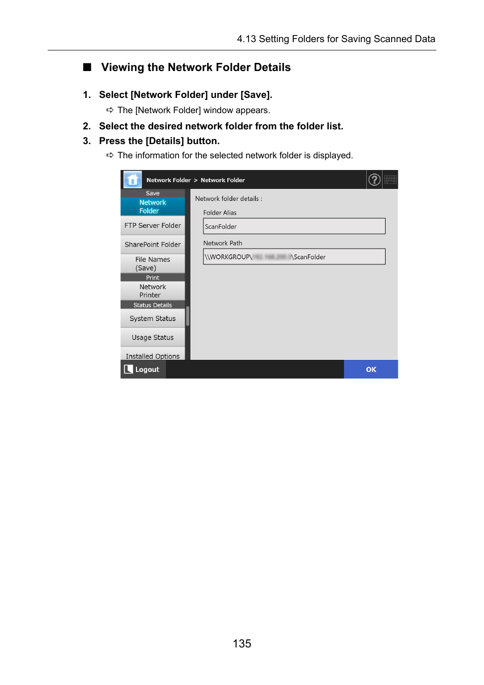 Viewing the network folder details | Fujitsu Ricoh Fujitsu N7100E Network Image Scanner User Manual | Page 135 / 482