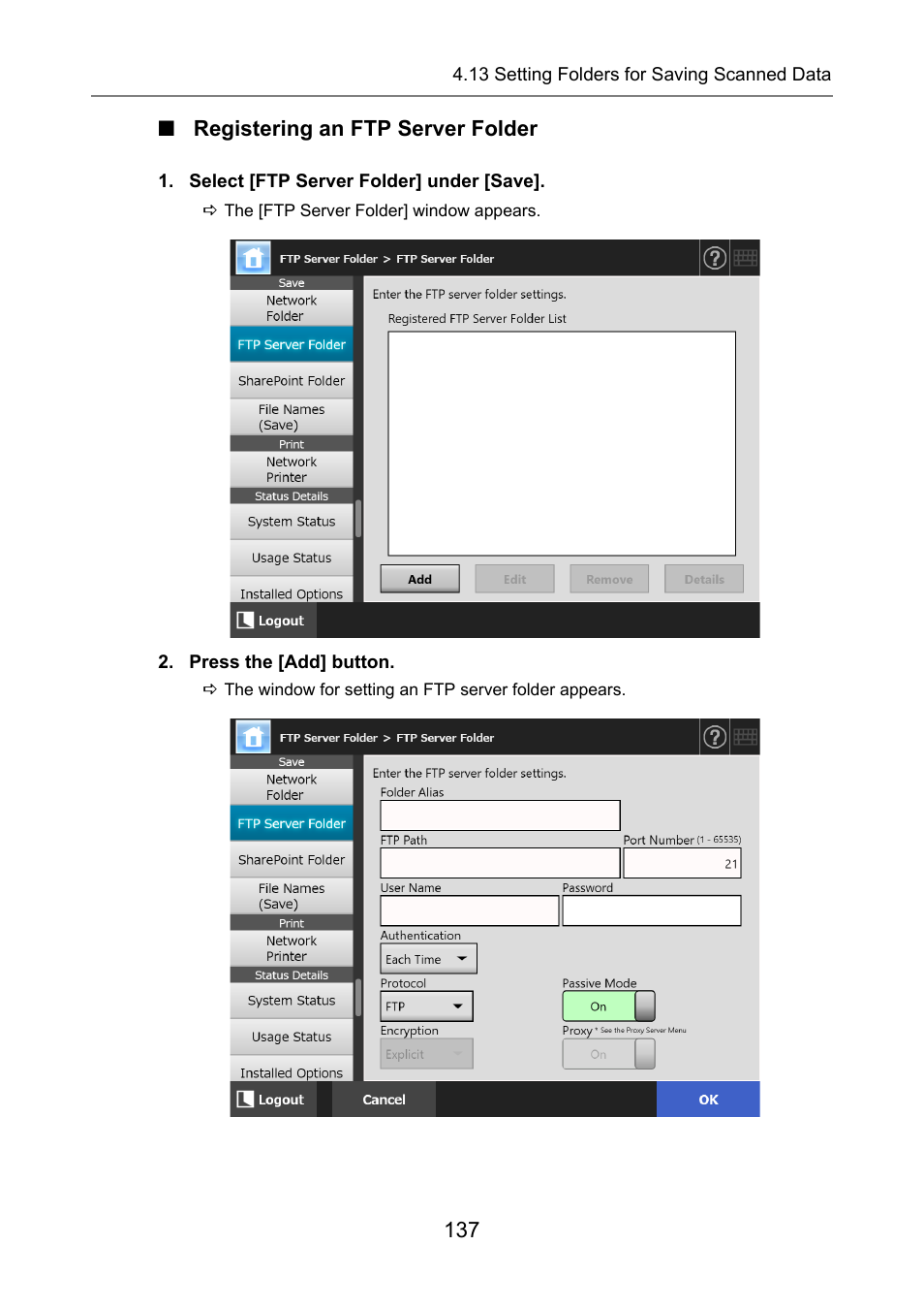Registering an ftp server folder | Fujitsu Ricoh Fujitsu N7100E Network Image Scanner User Manual | Page 137 / 482
