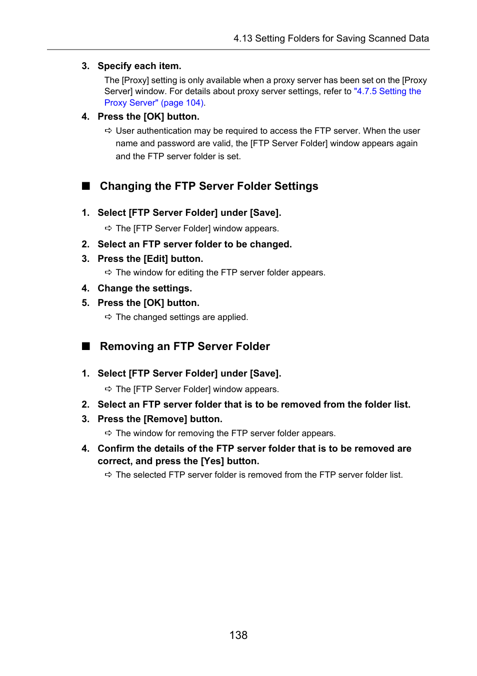 Changing the ftp server folder settings, Removing an ftp server folder | Fujitsu Ricoh Fujitsu N7100E Network Image Scanner User Manual | Page 138 / 482