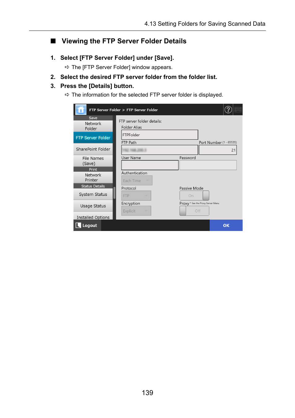 Viewing the ftp server folder details | Fujitsu Ricoh Fujitsu N7100E Network Image Scanner User Manual | Page 139 / 482