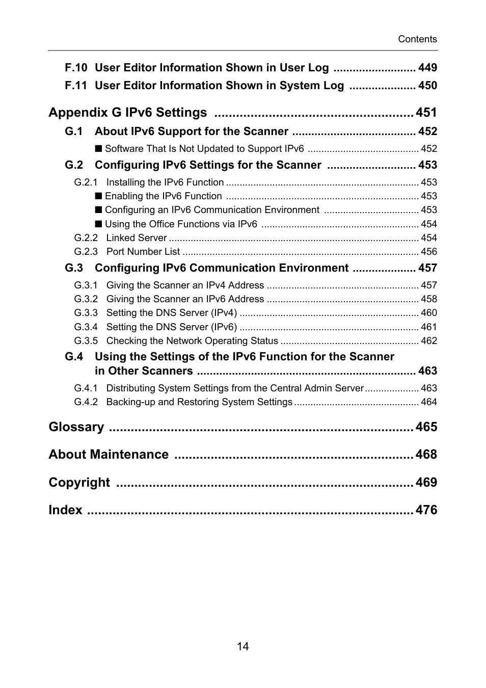 Appendix g ipv6 settings, Glossary about maintenance copyright index | Fujitsu Ricoh Fujitsu N7100E Network Image Scanner User Manual | Page 14 / 482