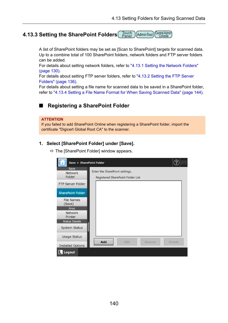 3 setting the sharepoint folders, Registering a sharepoint folder, P.140) | 3 setting the sharepoint | Fujitsu Ricoh Fujitsu N7100E Network Image Scanner User Manual | Page 140 / 482