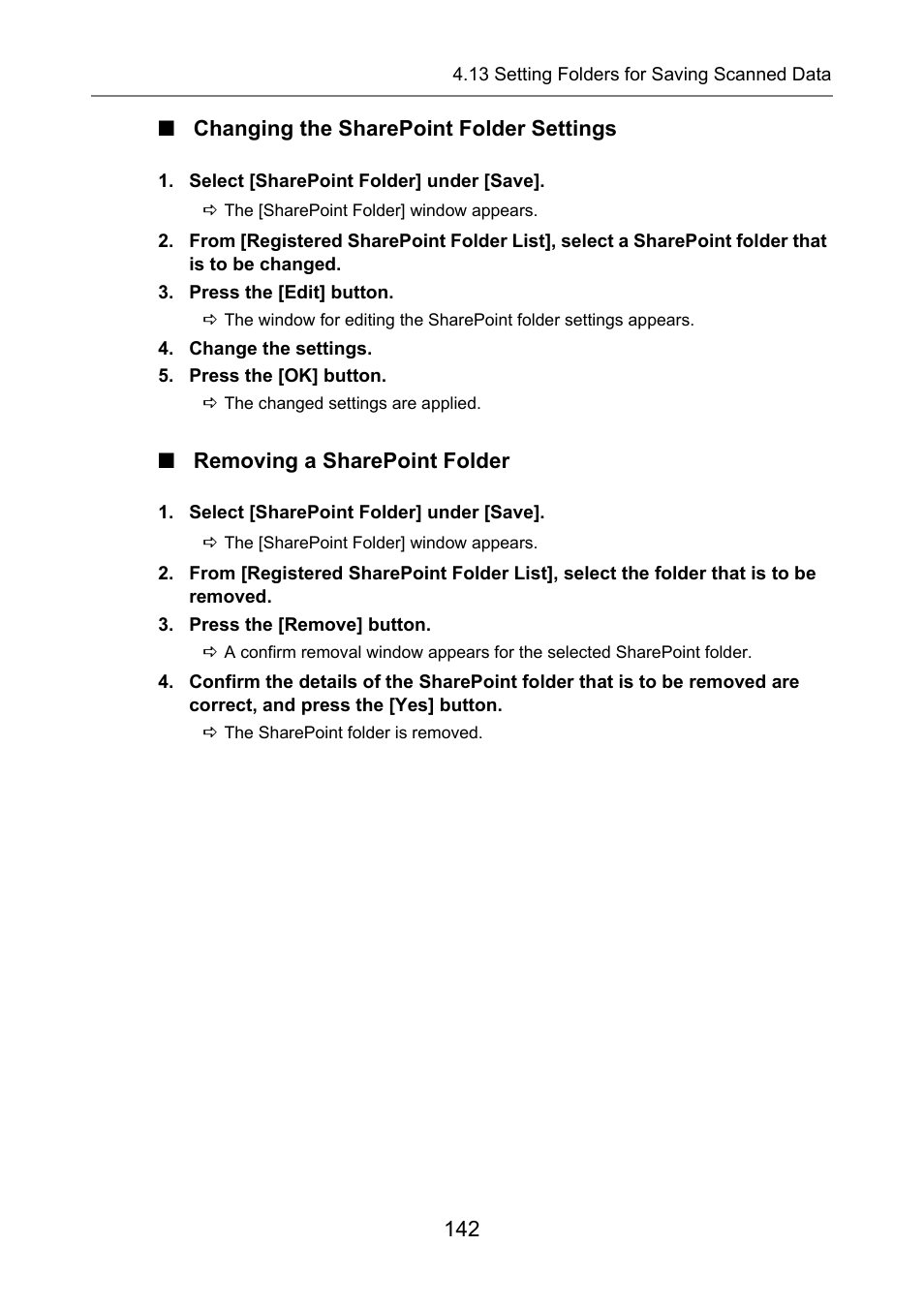 Changing the sharepoint folder settings, Removing a sharepoint folder | Fujitsu Ricoh Fujitsu N7100E Network Image Scanner User Manual | Page 142 / 482