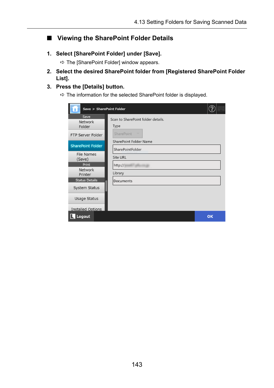 Viewing the sharepoint folder details | Fujitsu Ricoh Fujitsu N7100E Network Image Scanner User Manual | Page 143 / 482