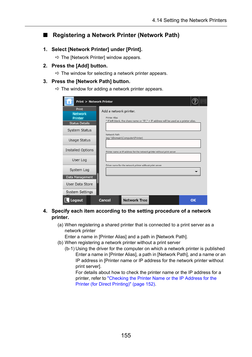 Registering a network printer (network path), Step 4, Refer to (a) | Refer to (b-1), Refer to (b-2), Registering a network printer, 155 ■ registering a network printer (network path) | Fujitsu Ricoh Fujitsu N7100E Network Image Scanner User Manual | Page 155 / 482
