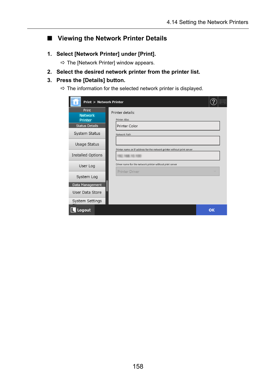 Viewing the network printer details | Fujitsu Ricoh Fujitsu N7100E Network Image Scanner User Manual | Page 158 / 482