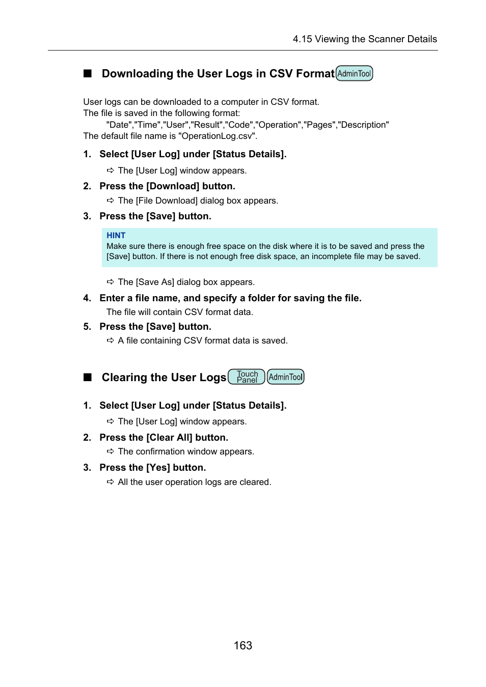 Downloading the user logs in csv format, Clearing the user logs, 163 ■ downloading the user logs in csv format | Fujitsu Ricoh Fujitsu N7100E Network Image Scanner User Manual | Page 163 / 482