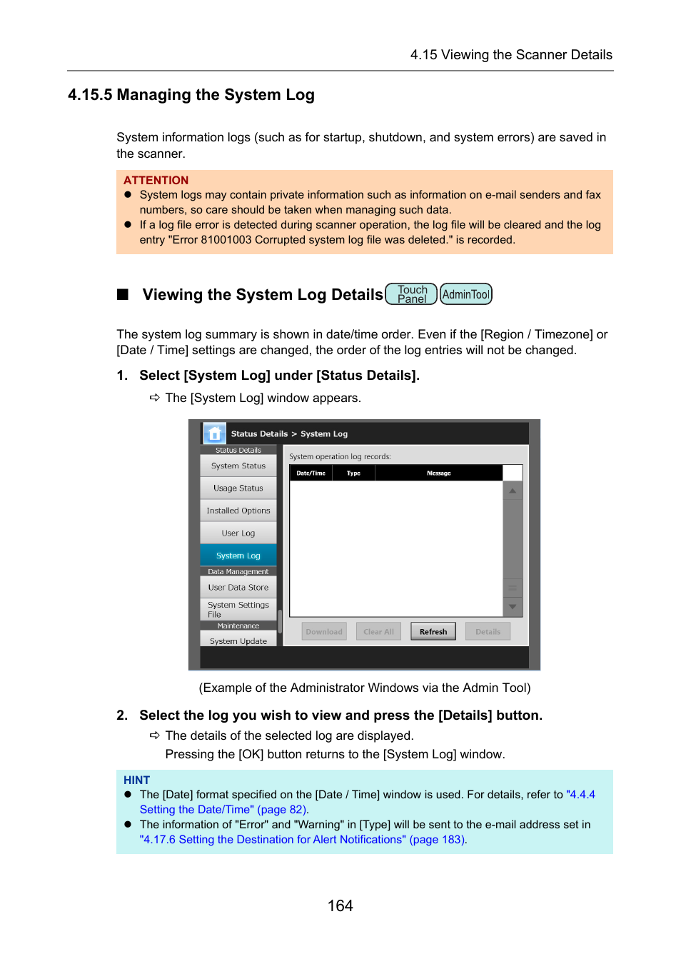 5 managing the system log, Viewing the system log details, P.164) | Fujitsu Ricoh Fujitsu N7100E Network Image Scanner User Manual | Page 164 / 482