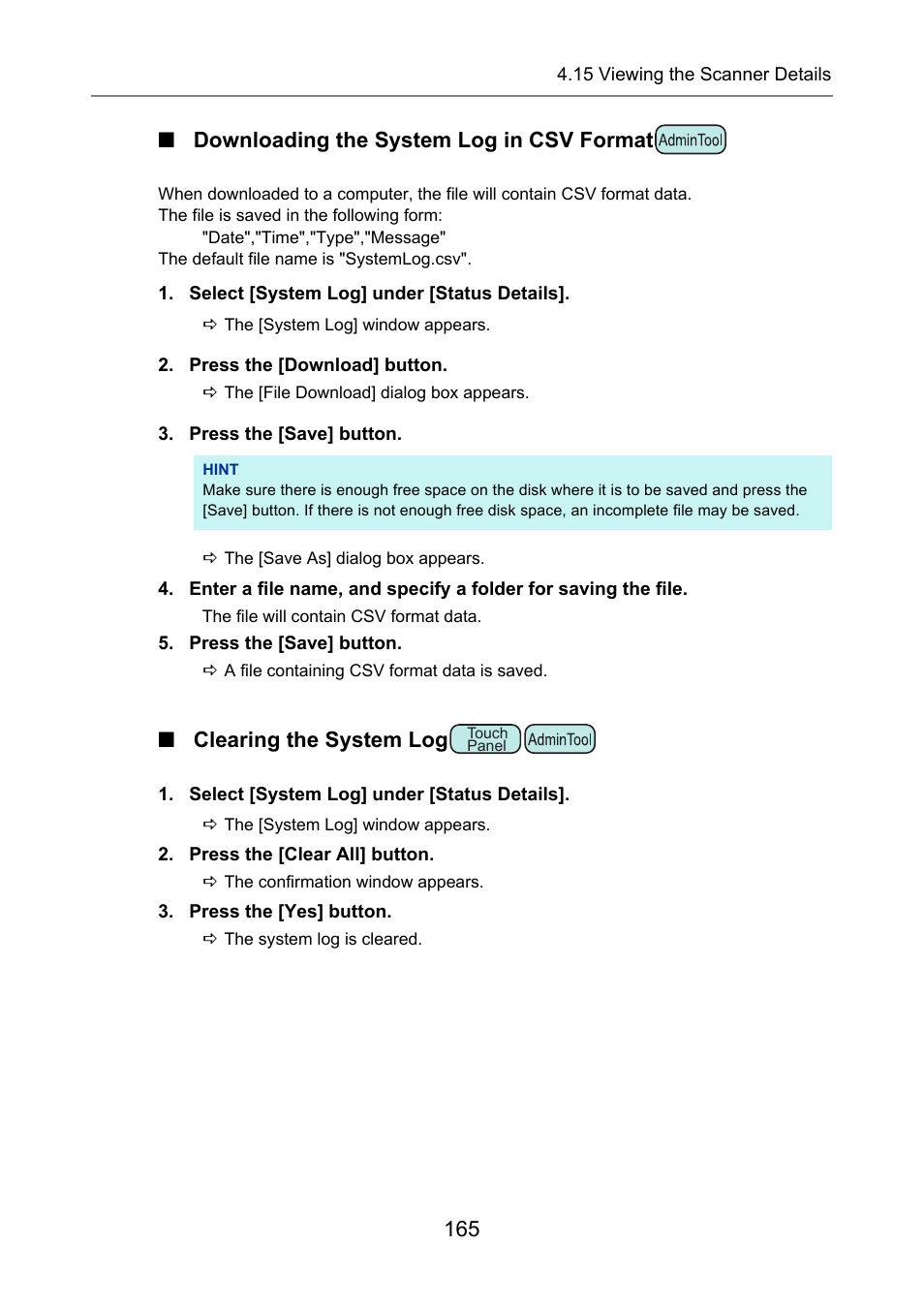 Downloading the system log in csv format, Clearing the system log, 165 ■ downloading the system log in csv format | Fujitsu Ricoh Fujitsu N7100E Network Image Scanner User Manual | Page 165 / 482