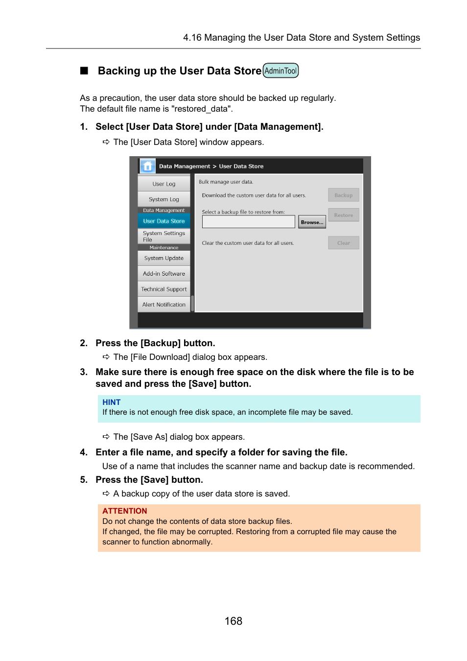 Backing up the user data store, 168 ■ backing up the user data store | Fujitsu Ricoh Fujitsu N7100E Network Image Scanner User Manual | Page 168 / 482