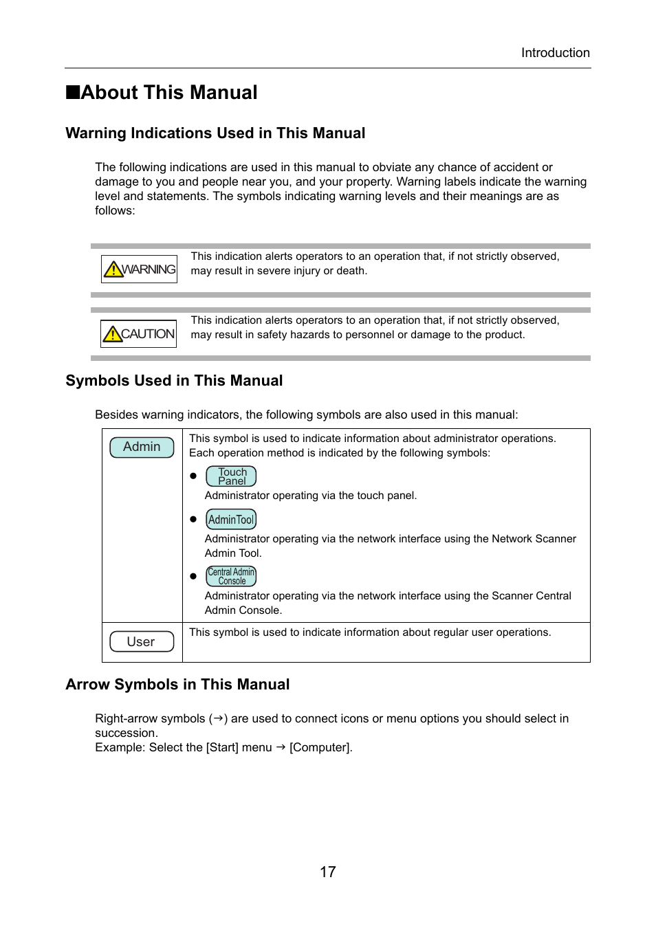 About this manual, Warning indications used in this manual, Symbols used in this manual | Arrow symbols in this manual | Fujitsu Ricoh Fujitsu N7100E Network Image Scanner User Manual | Page 17 / 482