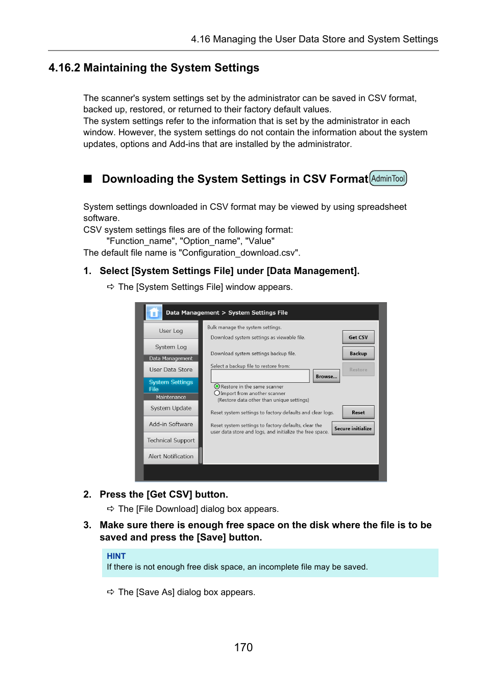 2 maintaining the system settings, Downloading the system settings in csv format, P.170) | Fujitsu Ricoh Fujitsu N7100E Network Image Scanner User Manual | Page 170 / 482