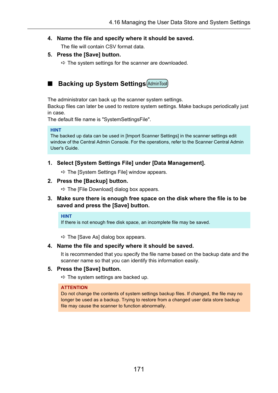Backing up system settings | Fujitsu Ricoh Fujitsu N7100E Network Image Scanner User Manual | Page 171 / 482