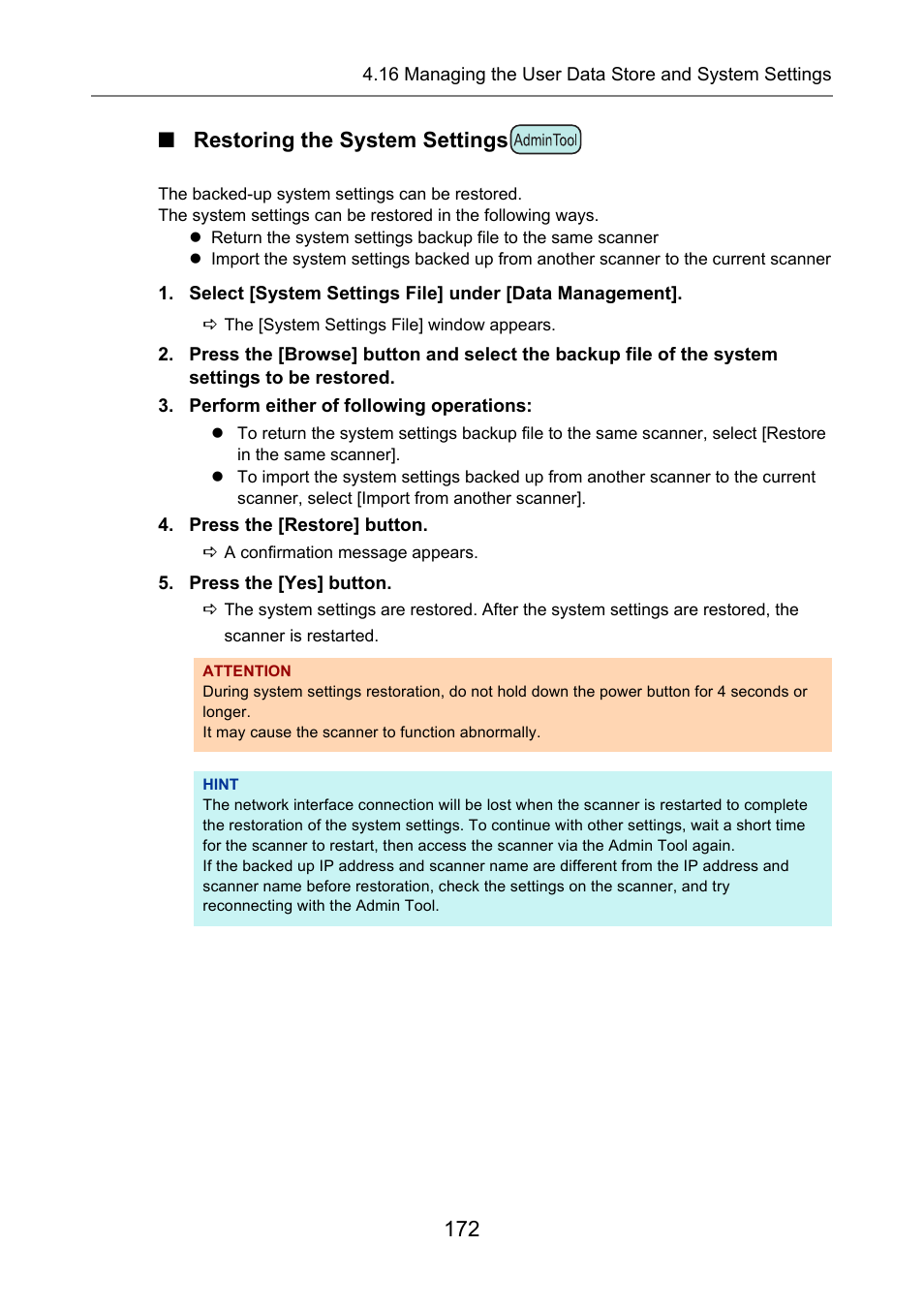 Restoring the system settings, 172 ■ restoring the system settings | Fujitsu Ricoh Fujitsu N7100E Network Image Scanner User Manual | Page 172 / 482