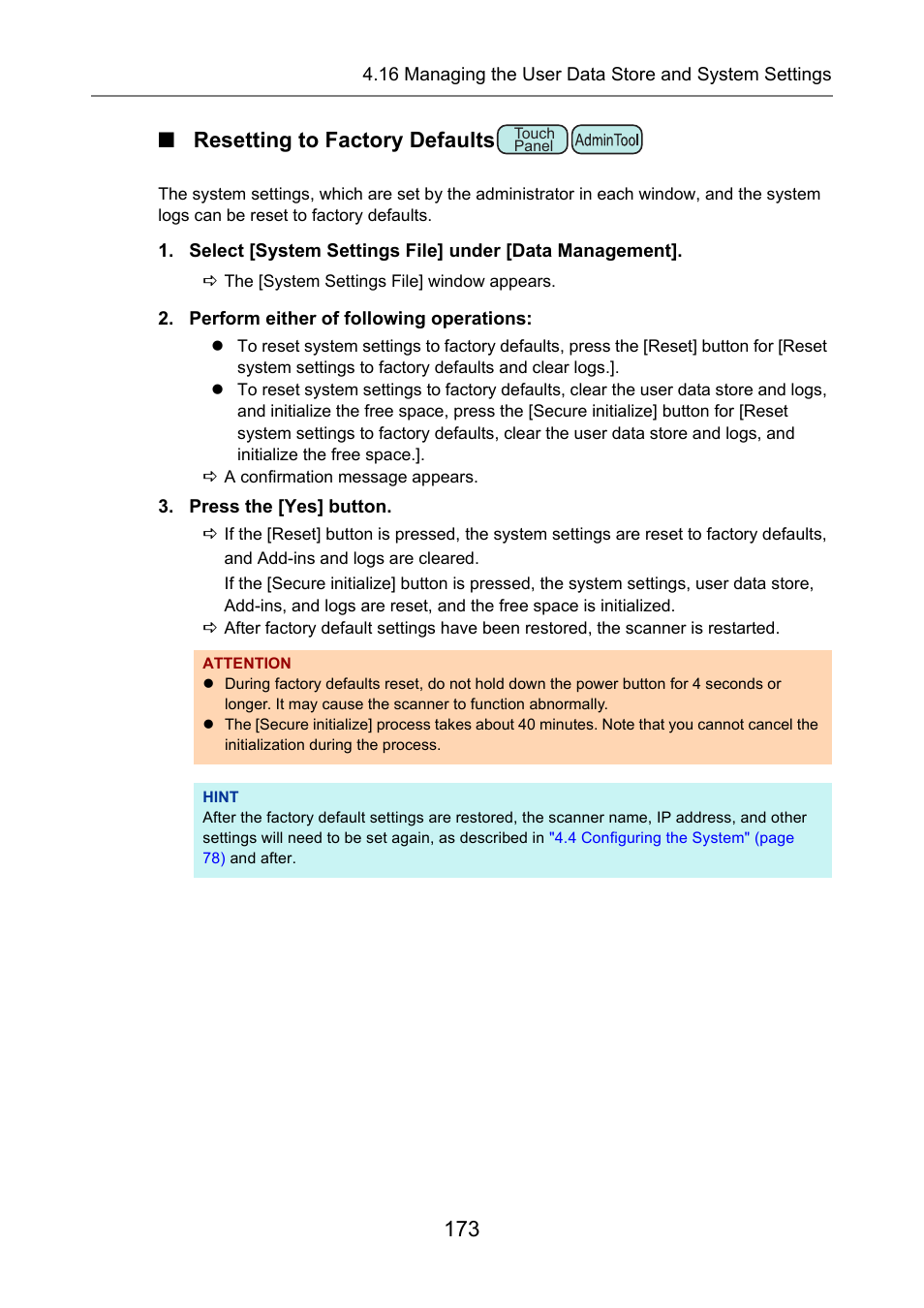 Resetting to factory defaults, 173 ■ resetting to factory defaults | Fujitsu Ricoh Fujitsu N7100E Network Image Scanner User Manual | Page 173 / 482