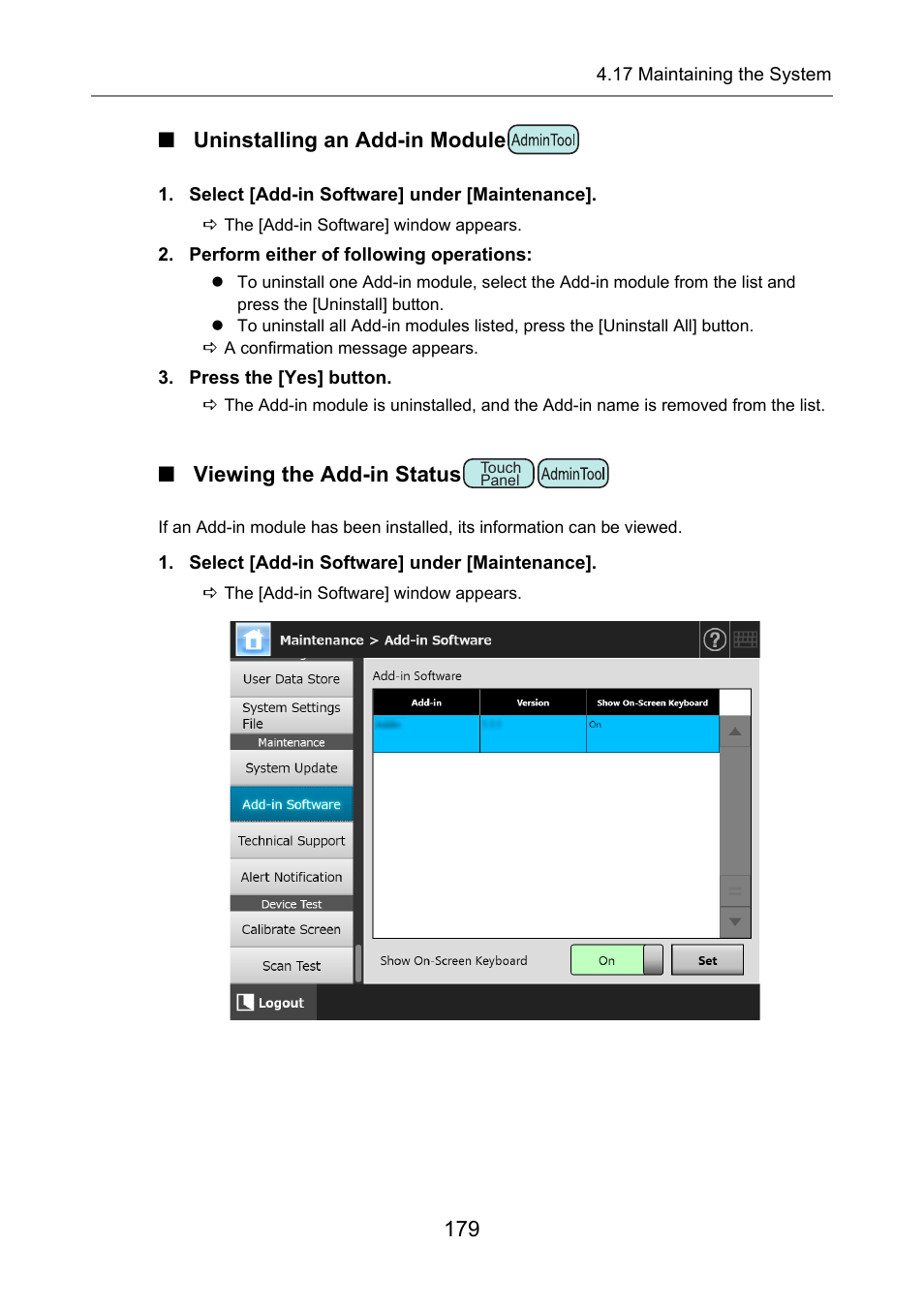 Uninstalling an add-in module, Viewing the add-in status, 179 ■ uninstalling an add-in module | Fujitsu Ricoh Fujitsu N7100E Network Image Scanner User Manual | Page 179 / 482