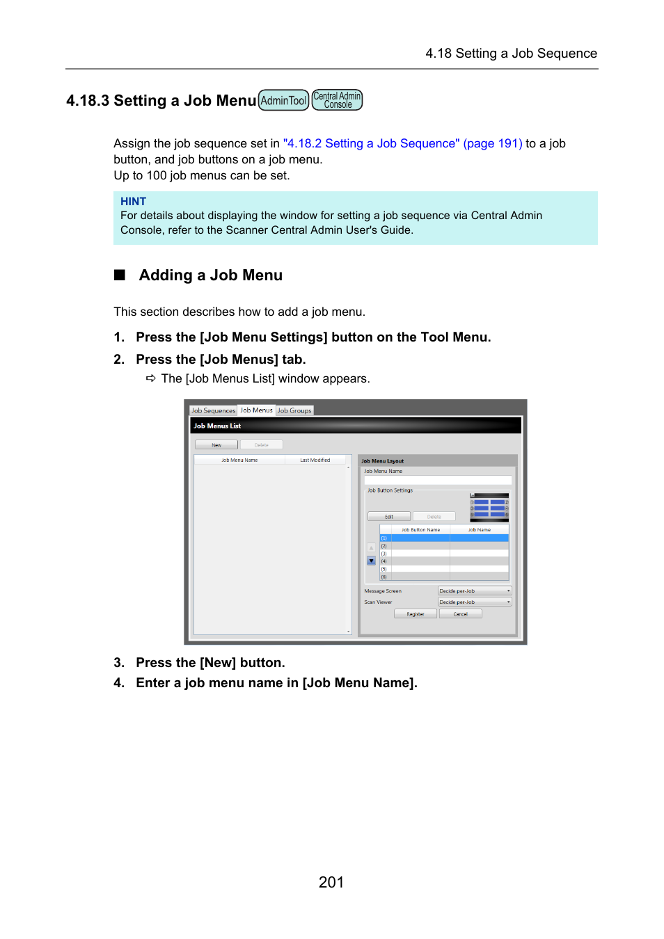 3 setting a job menu, Adding a job menu, P.201) | Fujitsu Ricoh Fujitsu N7100E Network Image Scanner User Manual | Page 201 / 482