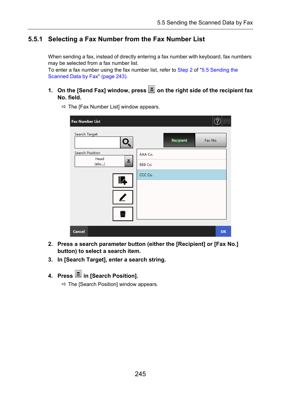 1 selecting a fax number from the fax number list | Fujitsu Ricoh Fujitsu N7100E Network Image Scanner User Manual | Page 245 / 482