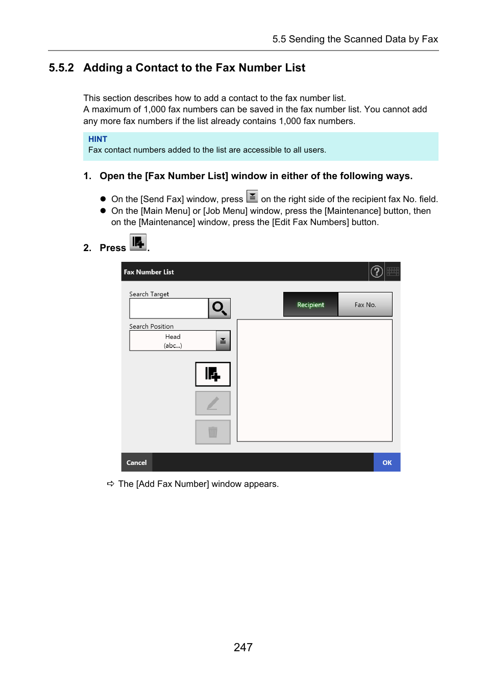 2 adding a contact to the fax number list | Fujitsu Ricoh Fujitsu N7100E Network Image Scanner User Manual | Page 247 / 482