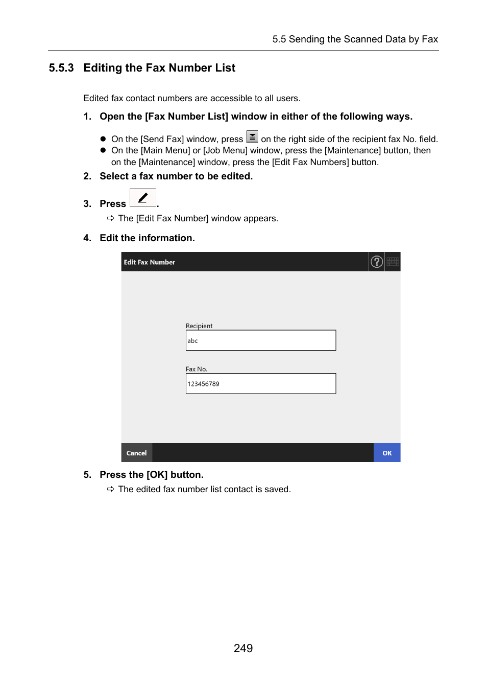 3 editing the fax number list, P.249) | Fujitsu Ricoh Fujitsu N7100E Network Image Scanner User Manual | Page 249 / 482