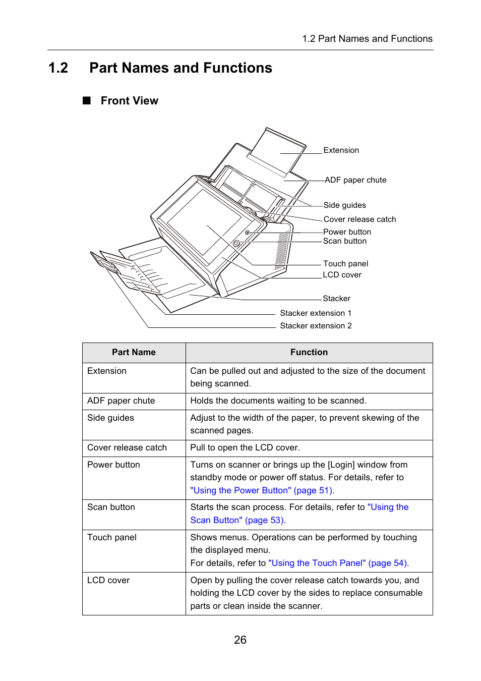2 part names and functions, Front view, Part names and functions | Fujitsu Ricoh Fujitsu N7100E Network Image Scanner User Manual | Page 26 / 482