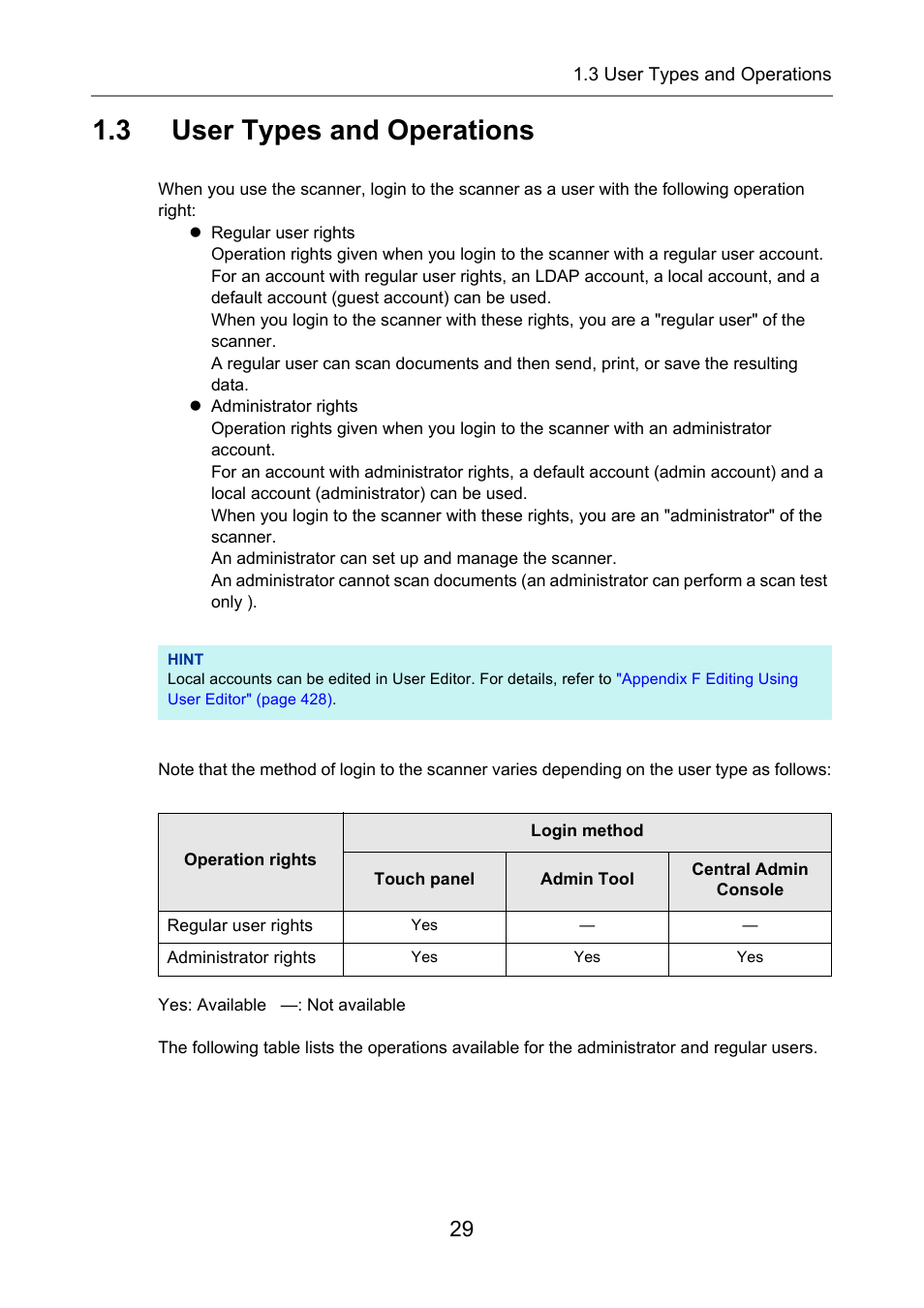 3 user types and operations, User types and operations | Fujitsu Ricoh Fujitsu N7100E Network Image Scanner User Manual | Page 29 / 482
