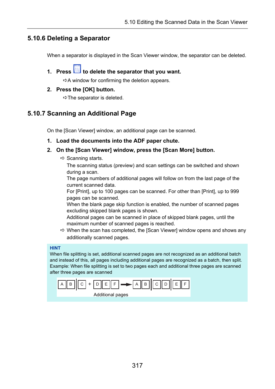 6 deleting a separator, 7 scanning an additional page | Fujitsu Ricoh Fujitsu N7100E Network Image Scanner User Manual | Page 317 / 482